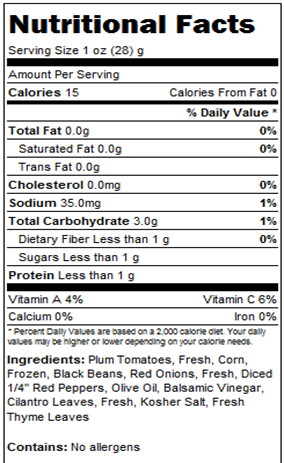 Nutritional facts - Black Beans, Tomato & Corn Salsa